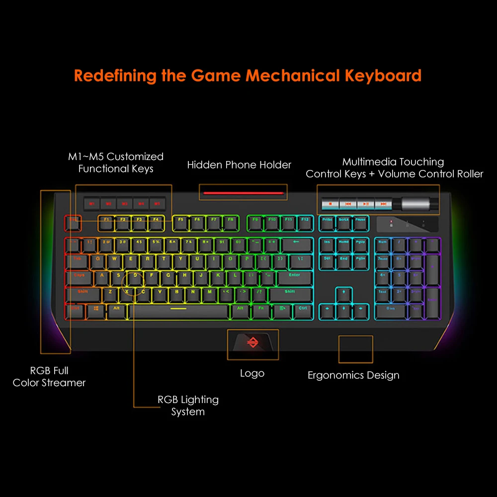  Ajazz AK525 Mechanical Keyboard RGB Light USB Wired Gaming Backlit Keyboard with Phone Holder Multi