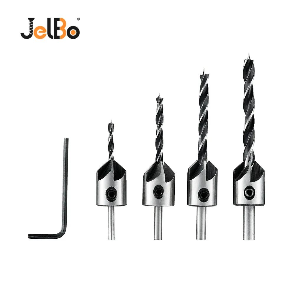 

JelBo Three Point Woodworking Drill Set 1PC Hex Shank + 4PCS 3/4/5 / 6MM s Hole Drill 5 Slot Chamfer Reamer Tool Set