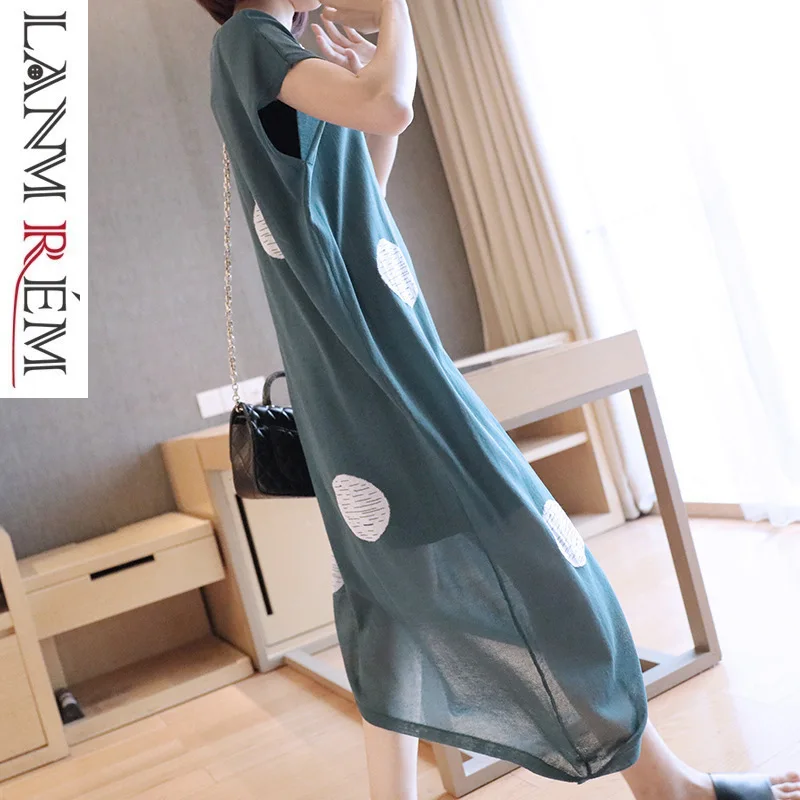 

LANMREM 2019 New Summer Styles Thin Fashion Women Clothes Polka Dots Printed Short Sleeves Loose Pullover Dresses WF89006