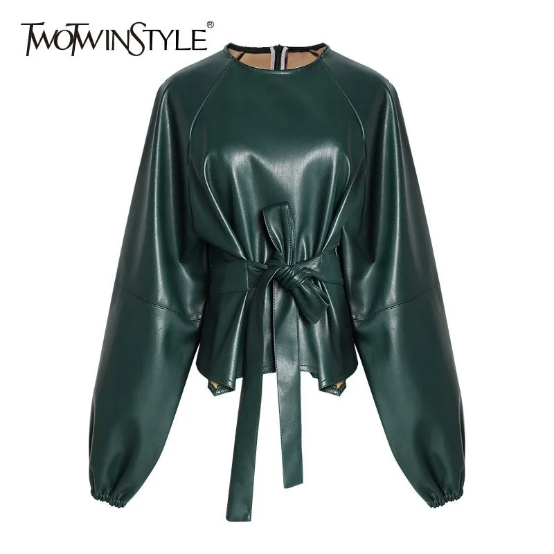 

TWOTWINSTYLE PU Leather Women's Shirts Blouse Lantern Sleeve Lace Up Pullover Tops Female 2018 Autumn Winter Vintage Fashion
