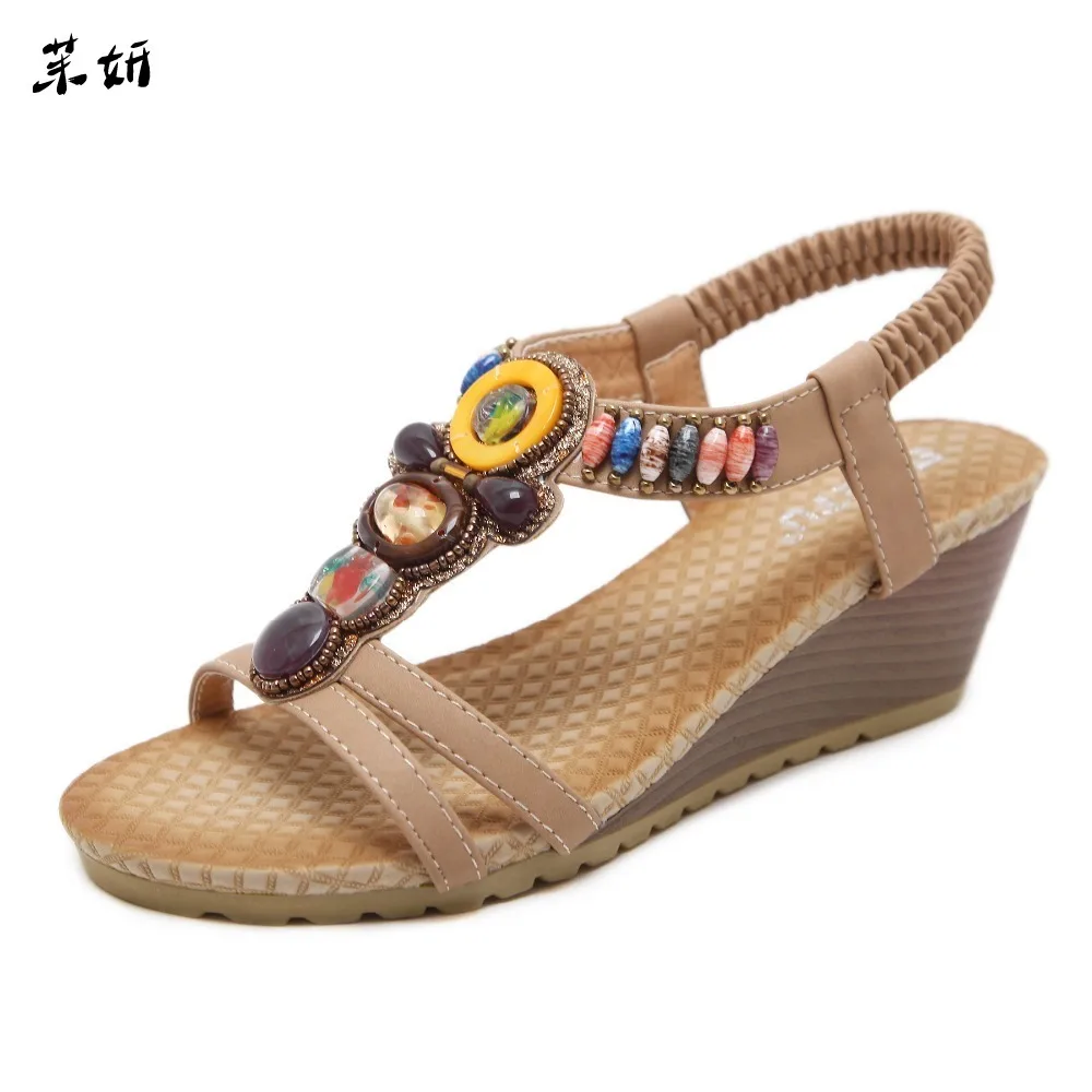 

2019 Bohemia Women Shoes Wedges Summer Sandals Elastic Rhinestone Shoes Female Plus Size 35-42 Wholesale Free Shipping