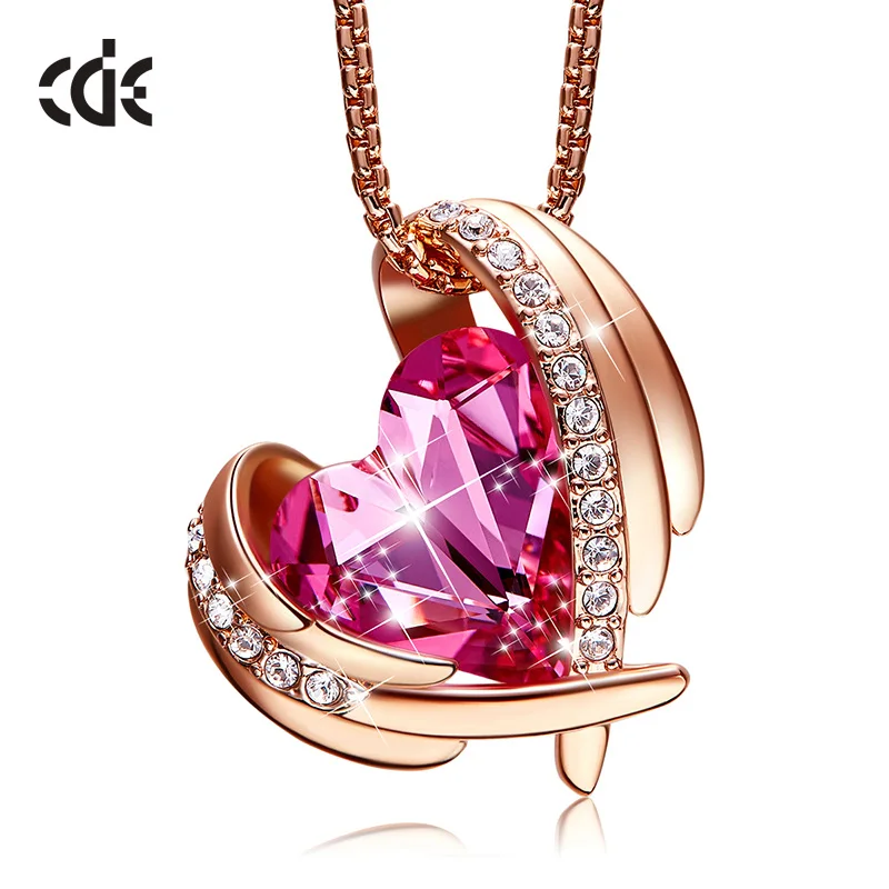 

CDE Pendant Necklace Embellished with crystals from Swarovski Heart Necklace Angel Wing Jewelry Rose Gold Jewelry Mom Necklace