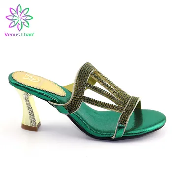 

Hot Selling In Nigerian Green Shining Crystal Decorated On 7cm Strange Heels African Wedding Shoe Peep Toe Slipper High Quality