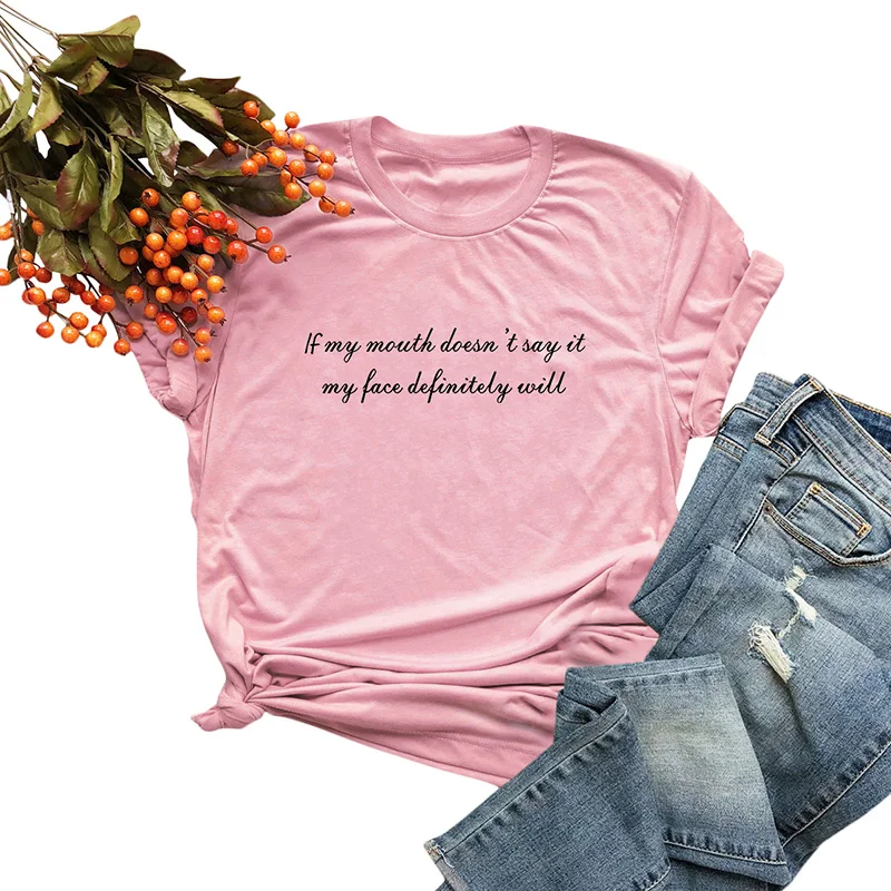 Летняя футболка Женская хлопковая с надписью If My Mouth't Say It круглым вырезом и