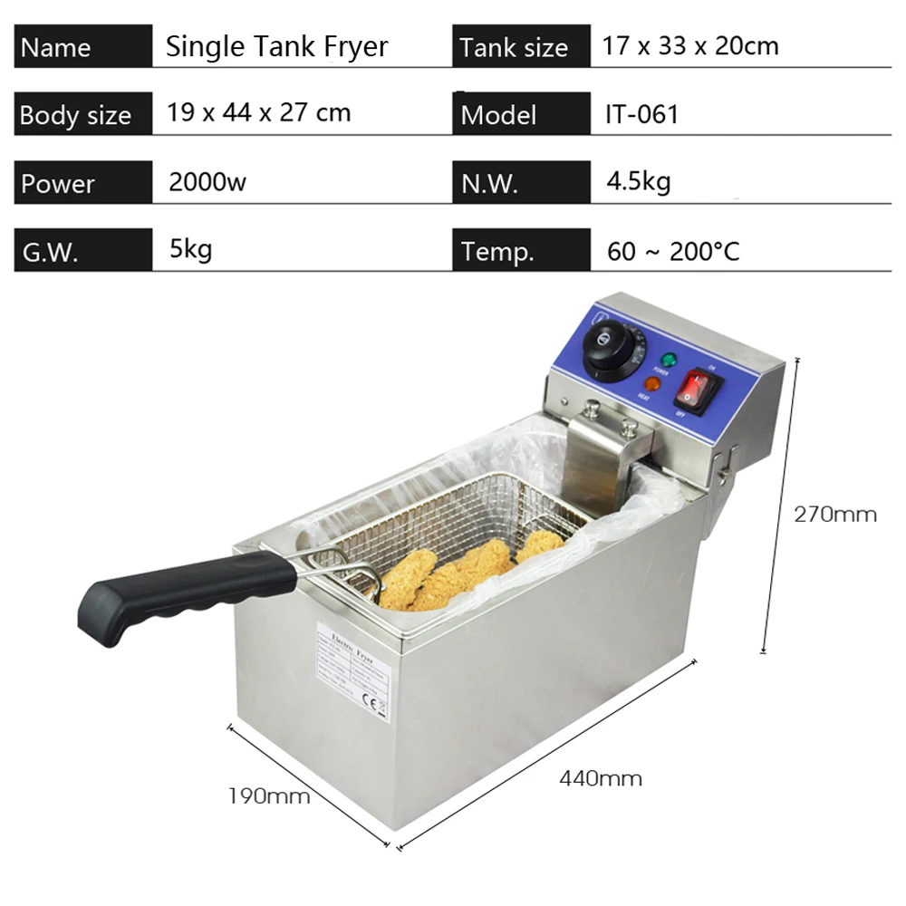 ITOP 2000W Electric Fryer 6L Stainless Steel Deep Fryer With Fryer Basket Smokeless French Fries Chicken Grill Multifunction