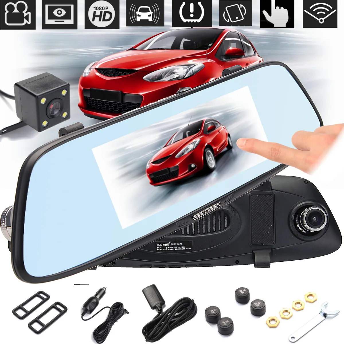 

Car recorder with Tire Pressure Monitoring System 5 Inch 500W1280x720 Rear View Mirror Video Touch Dash Cam Recorder G-Sensor