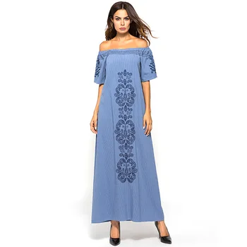 

Muslim Robe Embroidered Dress Kaftan Abaya Causal One Shoulder Short Sleeve Robes Gowns Loose Moroccan Islamic Turkish Clothing