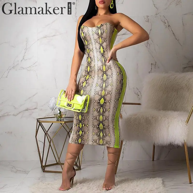 

Glamaker vintage snake print tube sexy dress Neno striped long dress Elastic 2019 summer style party dress vestidos de fiesta