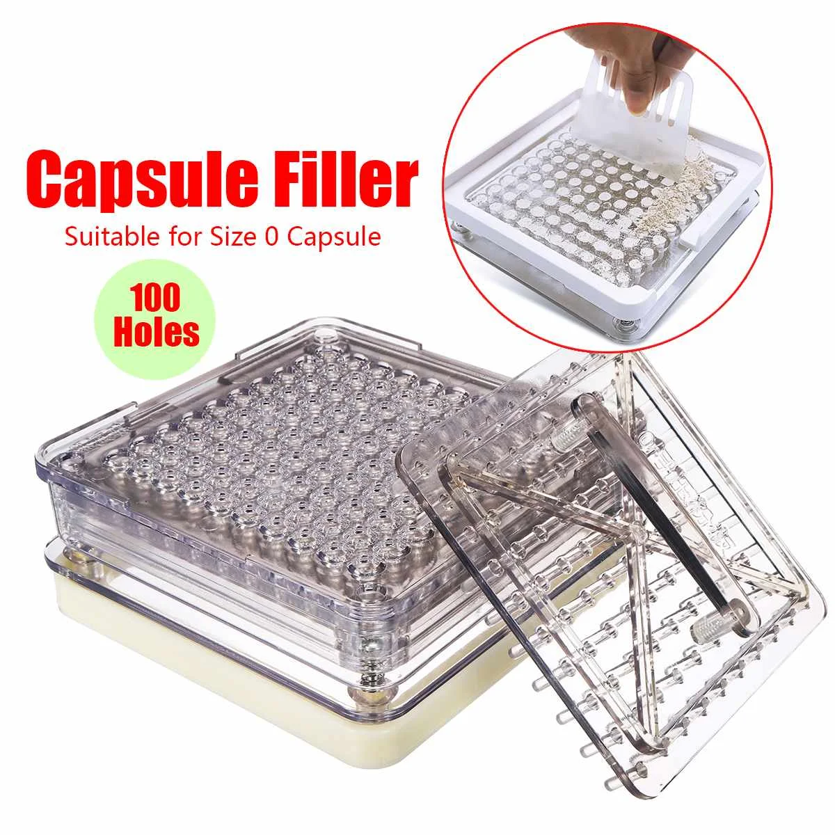 

100 Holes Capsule Filling Manual Machine Capsule Filler Maker Size 0 Flate Tool Food Grade Material with Powder Block Plate