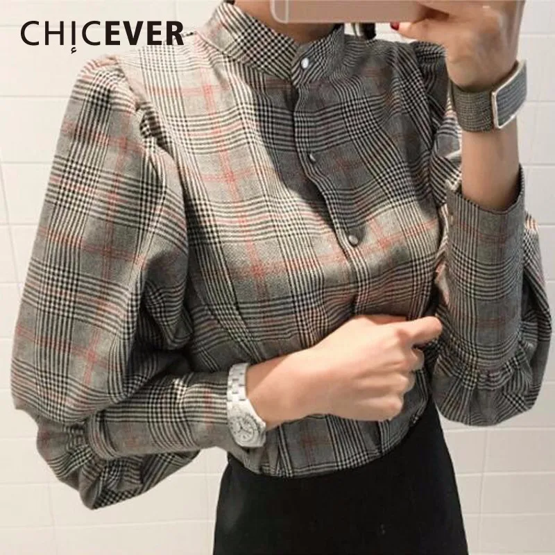CHICEVER 2018 Spring Plaid Women Shirt Blouses Top Lantern Sleeve With Bow Slim Stand Plus Size Shirts Blouse Clothes Fashion CHICEVER 2018 Spring Plaid Women Shirt Blouses Top Lantern Sleeve With Bow Slim Stand Plus Size Shirts Blouse Clothes Fashion