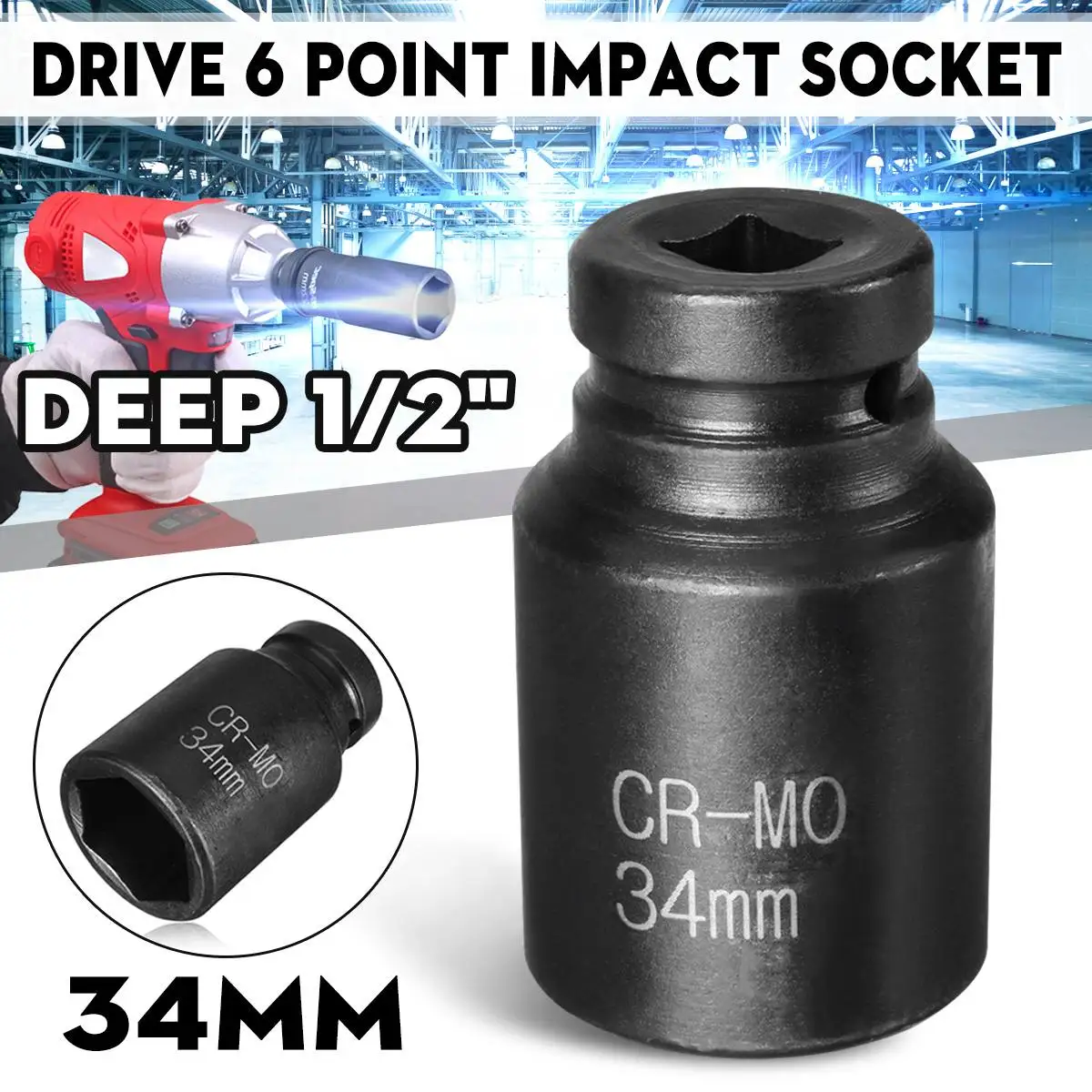 34mm Black Hex 6 Point 1/2inch Drive Deep Spindle Axle Nut Socket Chrome Steel Impact |