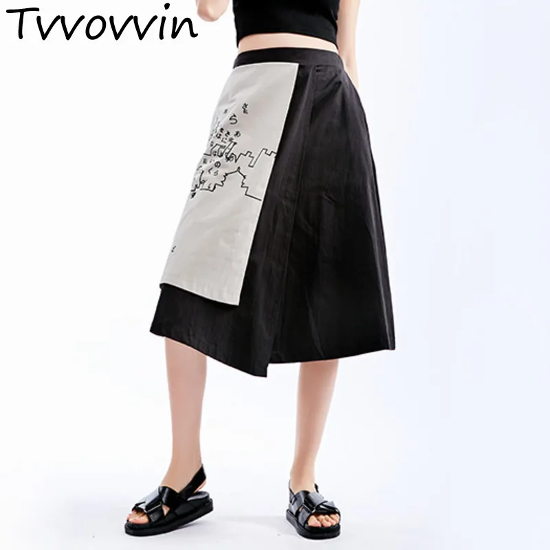 

TVVOVVIN 2019 Summer New Loose Japan Style Simple Print Irregular Skirt A-Line Plus Size Womens Skirt AS500