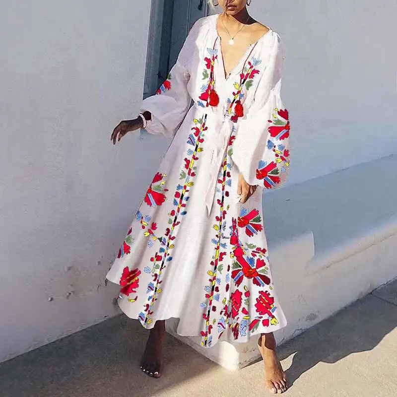 

VONDA Bohemian Dress Summer Spring 2019 Women Vintage Floral Print Maxi Long Dress Plus Size Casual Loose V Neck Vestido S-5XL