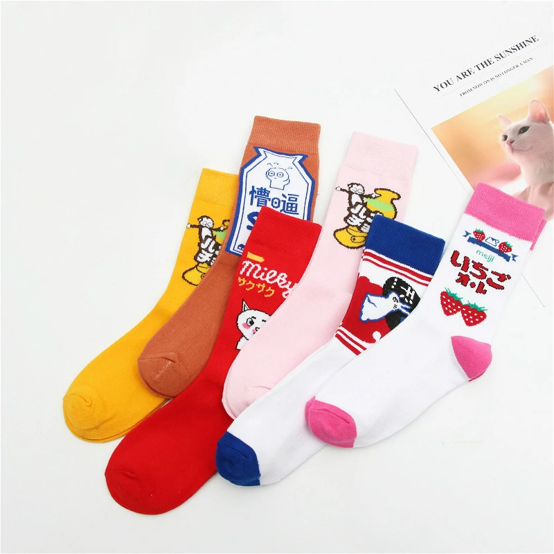 Милые японские носки PEONFLY Skarpetki Happy, женские носки Kawaii, банан, клубника, Sokken, новинка, Harajuku Chaussette Femme