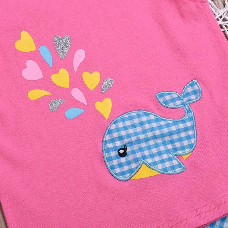 Baby Girls Casual Summer Sets Clothes Whale Print Short Sleeve T-shirt Tops+Plaid Shorts 2Pcs Outfits Cotton Girl Sets