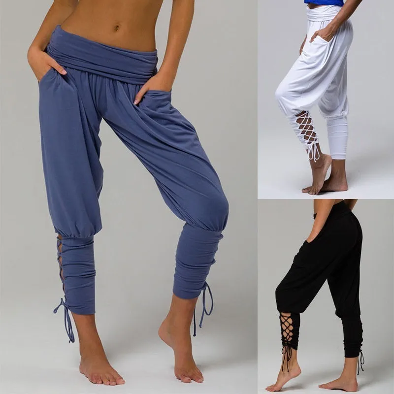 

Women New Sexy Bandage Gym Legging Loose Fitness Training Yoga Pants Running Sports Leggings Female Solid Pocket Sport Wear