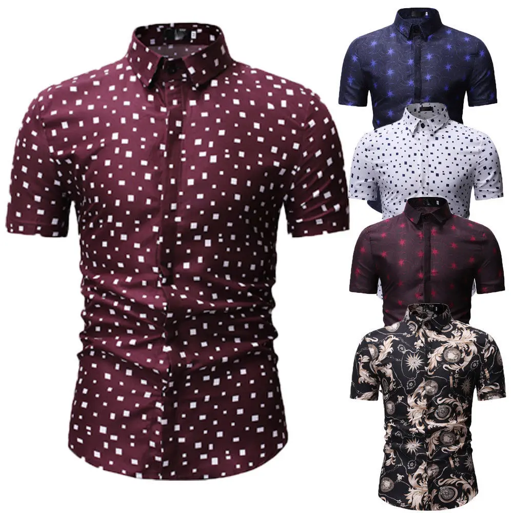 

2019 New Style Fashion Hot Luxury Men's Slim Fit Shirts Short Sleeve Cotton Stylish Formal Casual Print Tops