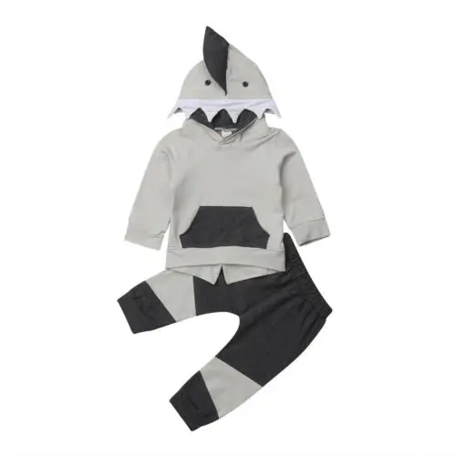 Комплект одежды для маленьких мальчиков, толстовка с капюшоном с изображением маленькой акулы, топы и штаны, комплект со штанами