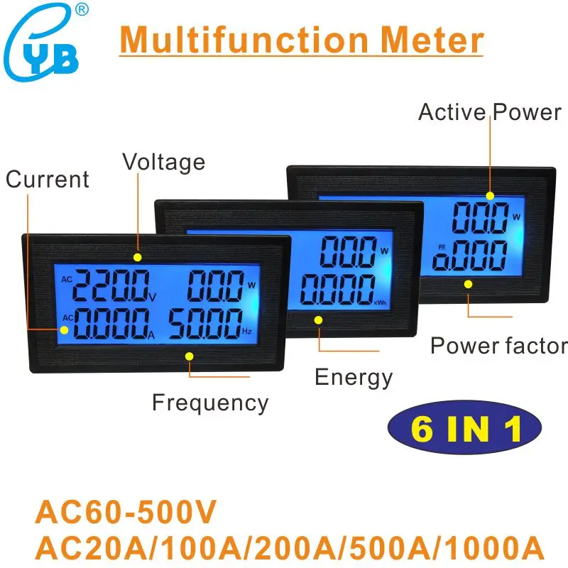 

YB5140DM AC 20A 100A 200A Volt Amp Panel Meter LCD Digital Voltmeter Ammeter AC Voltage Current Mete Frequency Energy AC 60-500V