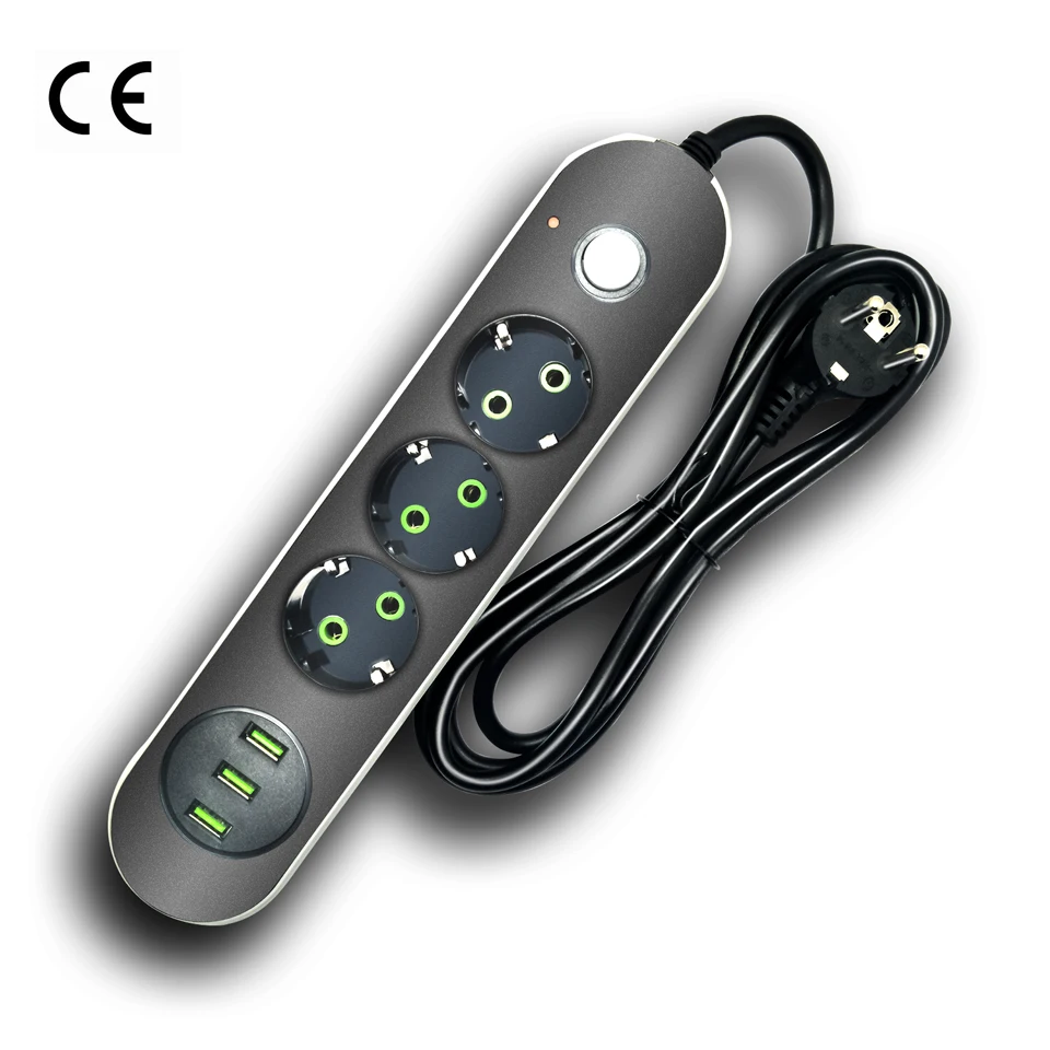 EU European Plug Power Strip W/ Switch 10A 250V 2500W 3 Outlets 3 USB