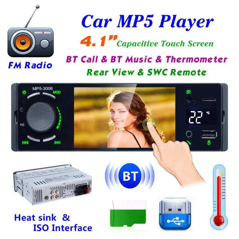 

VODOOL 3006 Car Multimedia Player 4.1 inch Touch Screen 1DIN Car Stereo MP5 Player FM Radio BT Car Audio Video Player USB TF