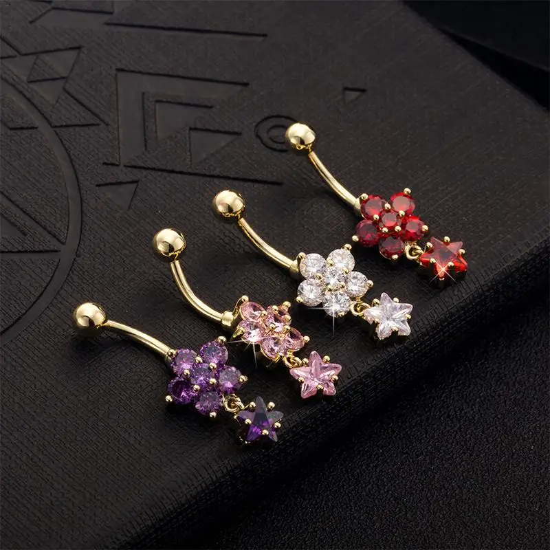 

2pc Medical Steel Body Piercing Jewelry Flower Five-Pointed Star Shaped Zircon Navel Button Navel Nail Navel Ring