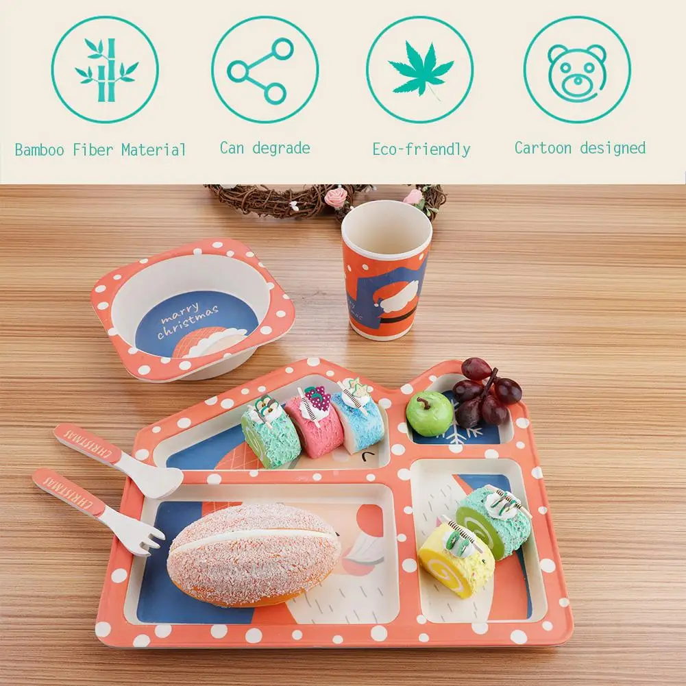 

5PCS Baby Feeding Tableware Children Bamboo Dishes Infant Dinnerware Fork Spoon Cup Bowls Baby Dishes Food Container Utensils