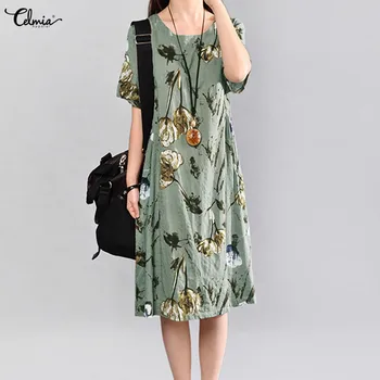 

Celmia 2020 Summer Dress Women Vintage Floral Dress Ladies Short Sleeve Casual Beach Vestidos Female Midi Dresses Plus Size