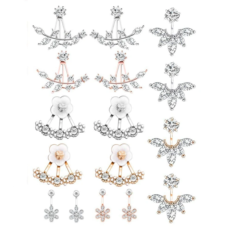 

8 Pairs Fashion Silver Leaf Flower Crystal Ear Front And Back Stud Earrings For Women Girls Set
