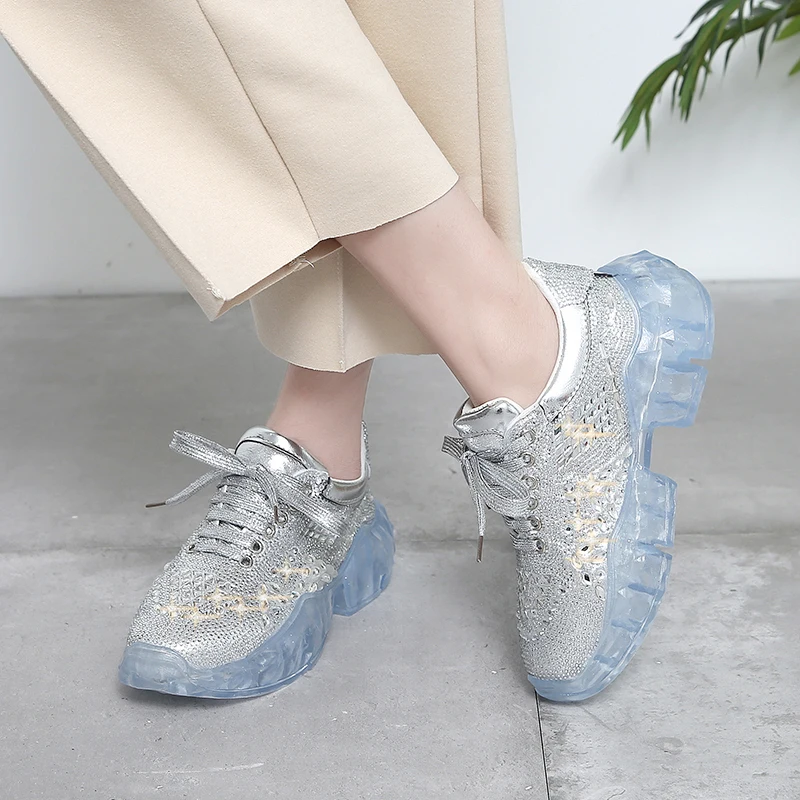 

Glitter Crystal Women Casual Sport Shoes Transparent Thick Heel Platform Women Shoes Lace-Up Sneakers Women Rhinestone Traniner