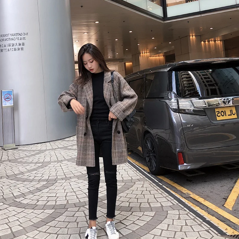Poches Marque Sexy De Lady Longues Travailler Manteaux Slim Mode Revers Plaid Manches Hiver Femmes Automne Laine Bureau 2018 Mélanges xwFqXgF