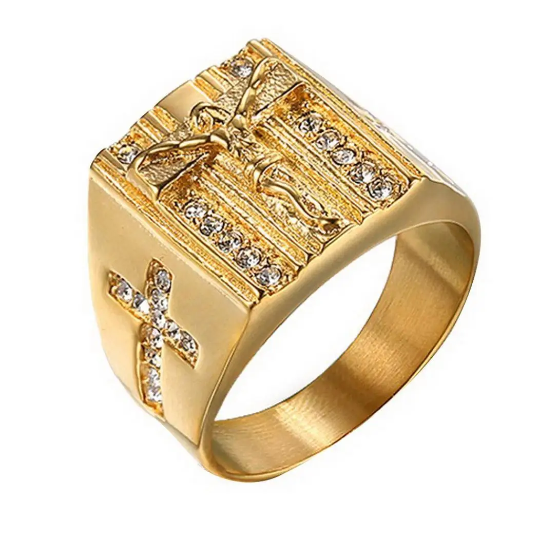 Men Fashion Alloy Geometric Shape Rhinestone Ring Casual GoldRings