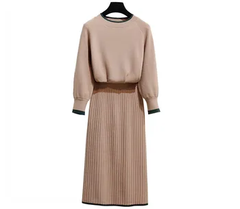 

Plus Size 4Xl Fashion Two Piece Set Striped New Elegant Sweater Tops And Skirt Knitted Suits Long Sleeve Pullovers Jumpers