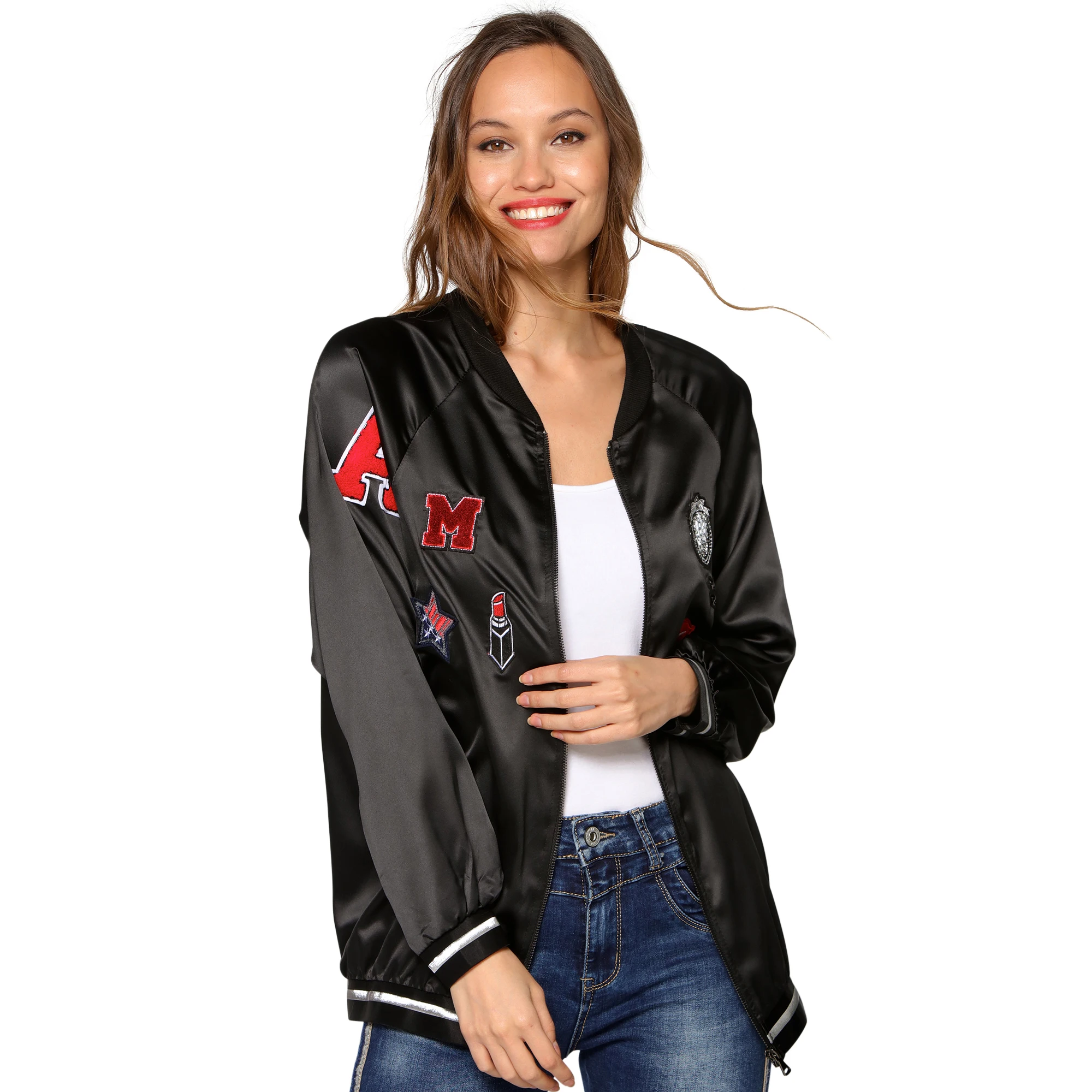 Black satin bomber jacket with embroidered patches 001984 BOMBER WOMAN
