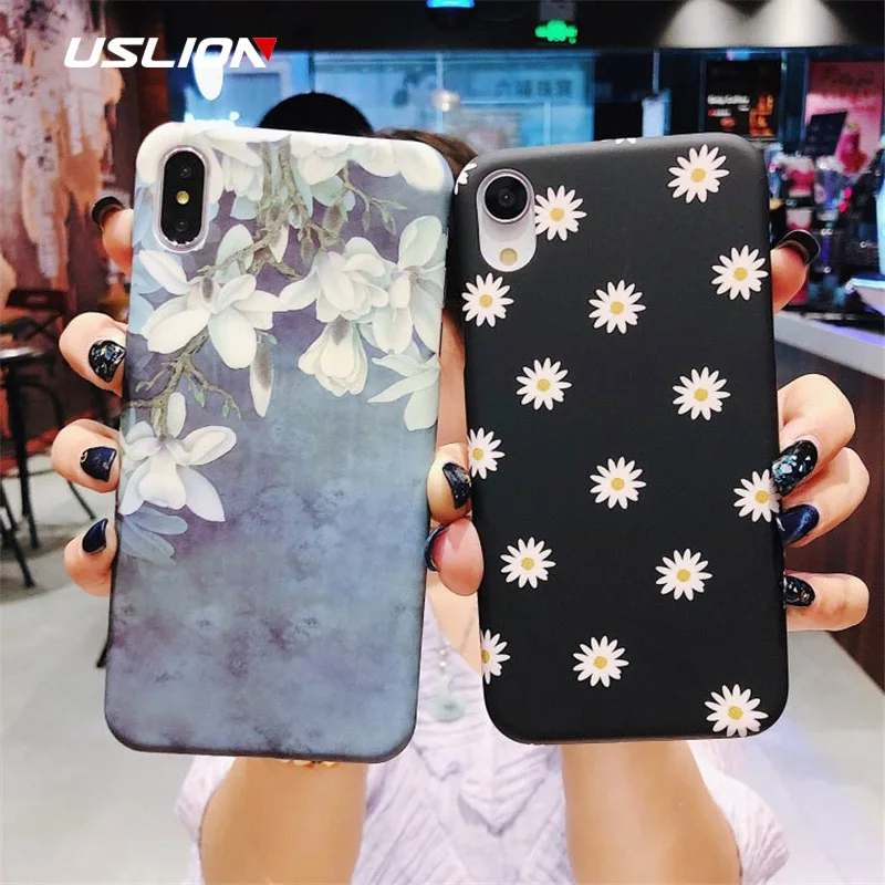 

USLION Daisy Flower Pattern Phone Case For iPhone 7 6 6s 8 Plus Floral Ultrathin Cases Hard PC Vintage Plants Cover X XR XS Max