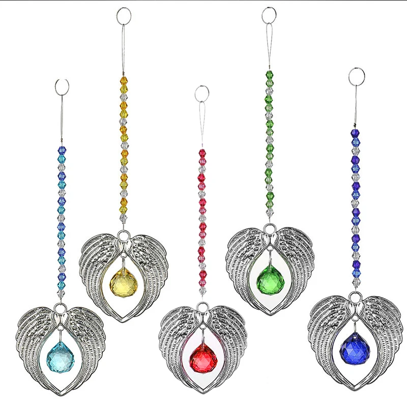 

Set Of 5,Crystal Suncatcher Hanging Pendant Angel Wings Handmade Rainbow Maker Prisms Pendant Ornament Home Wedding Decor