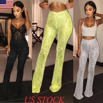 

US Women Bell Bottom Long Pants Sequin High Waisted Clubwear Party Knit Trousers