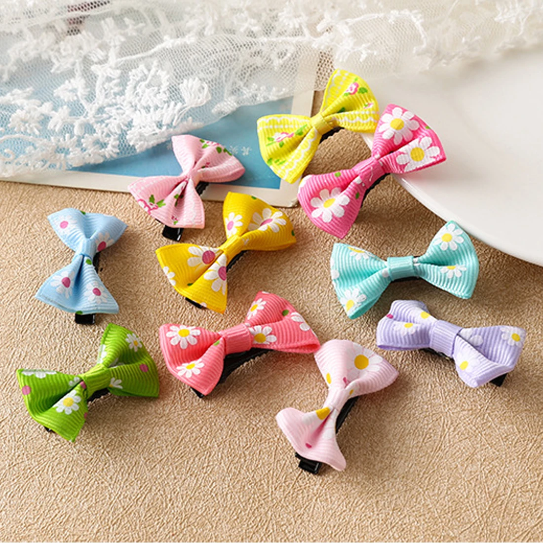 Candy Color Hairpin Print Ribbon Bow Mini Bow BB Hair Clips for Baby Kids Girls Hair Styling Tool Cute Hair Clips 10 Pcs