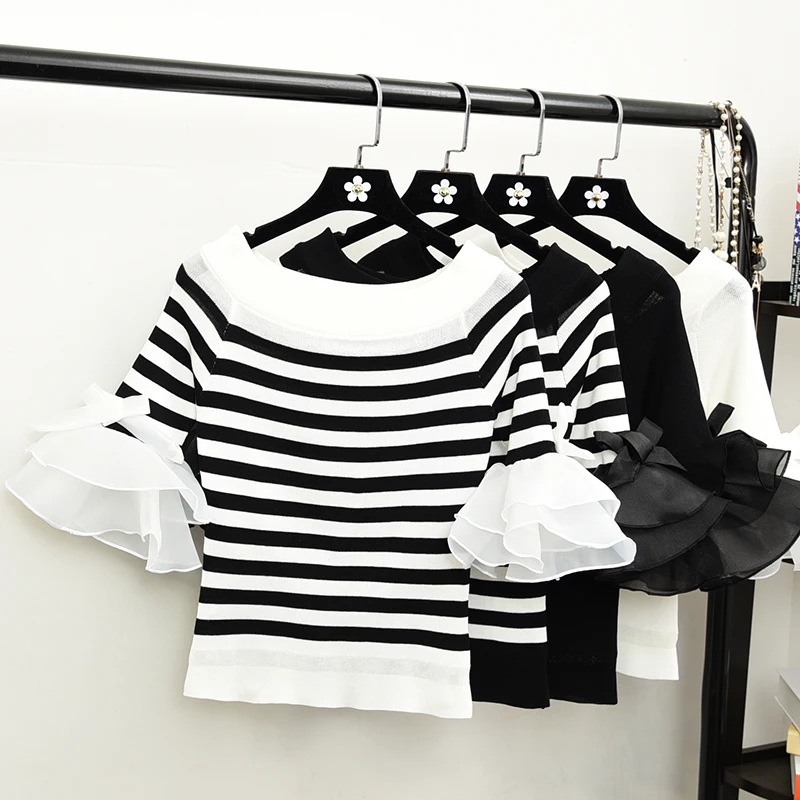 

2018 New Fashion Flare Half Sleeve Stripe Pullover Knit Sweater Tops Shirt