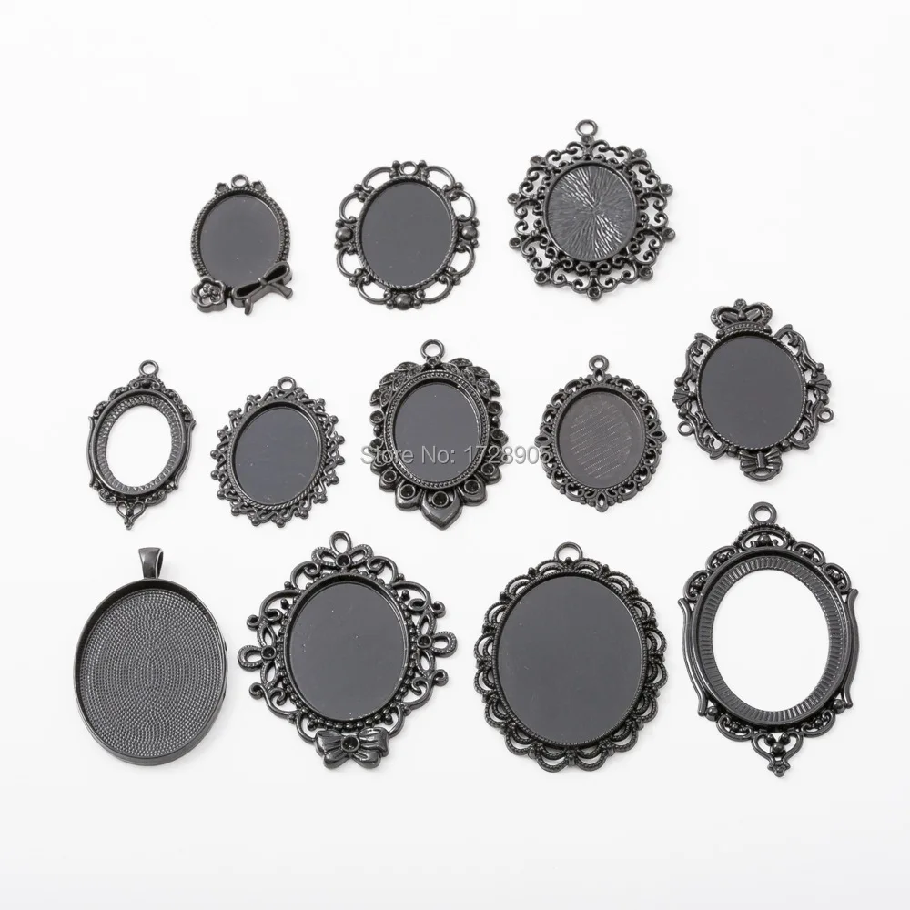 

Base Setting filigree Inner 30*40 mm big Oval Antique Black Plated Classic Style Cameo Cabochon Base Setting Tray 10pcs