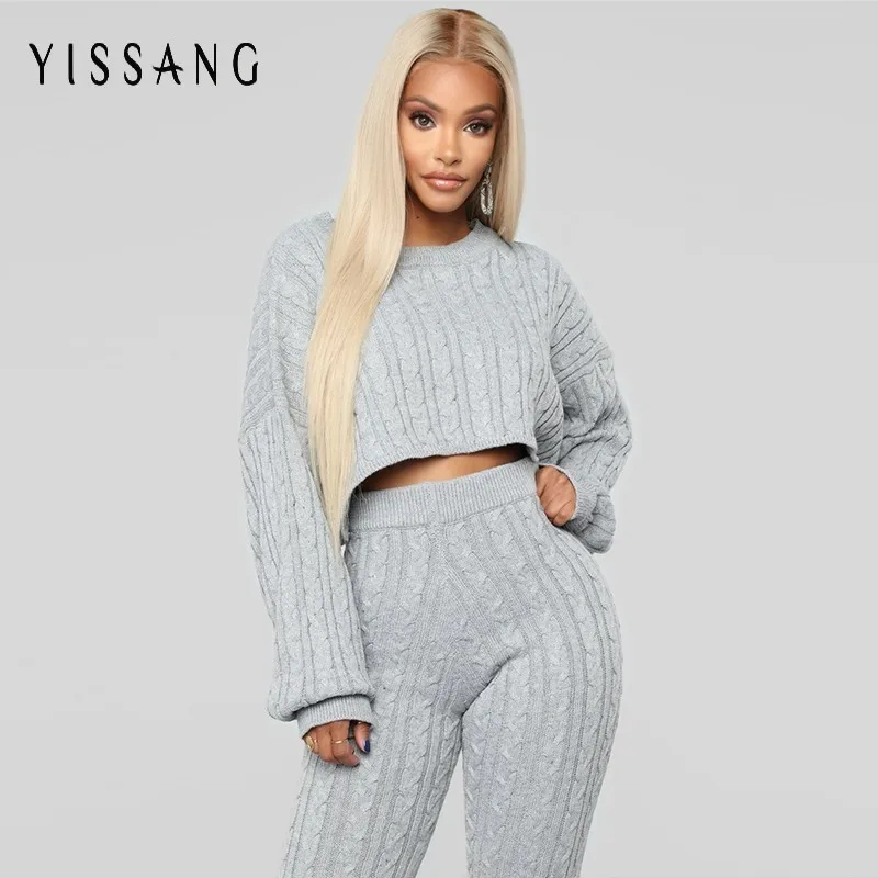 

Yissang Women Sexy Knitted Jumpsuits 2018 Long Sleeve Tow Piece Sets Rompers Elastic High Waist Jumpsuits Female Casual Overalls