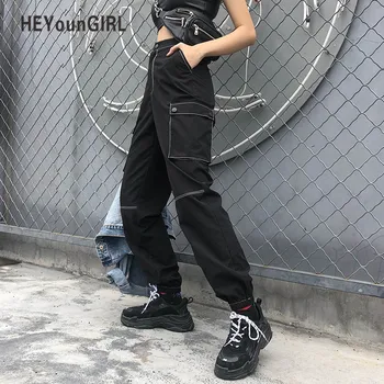 

Sexy Harajuku Casual Black Pants Capris Elastic High Waist Ladies Trousers Streetwear Cargo Pants Women Zipper Pockets