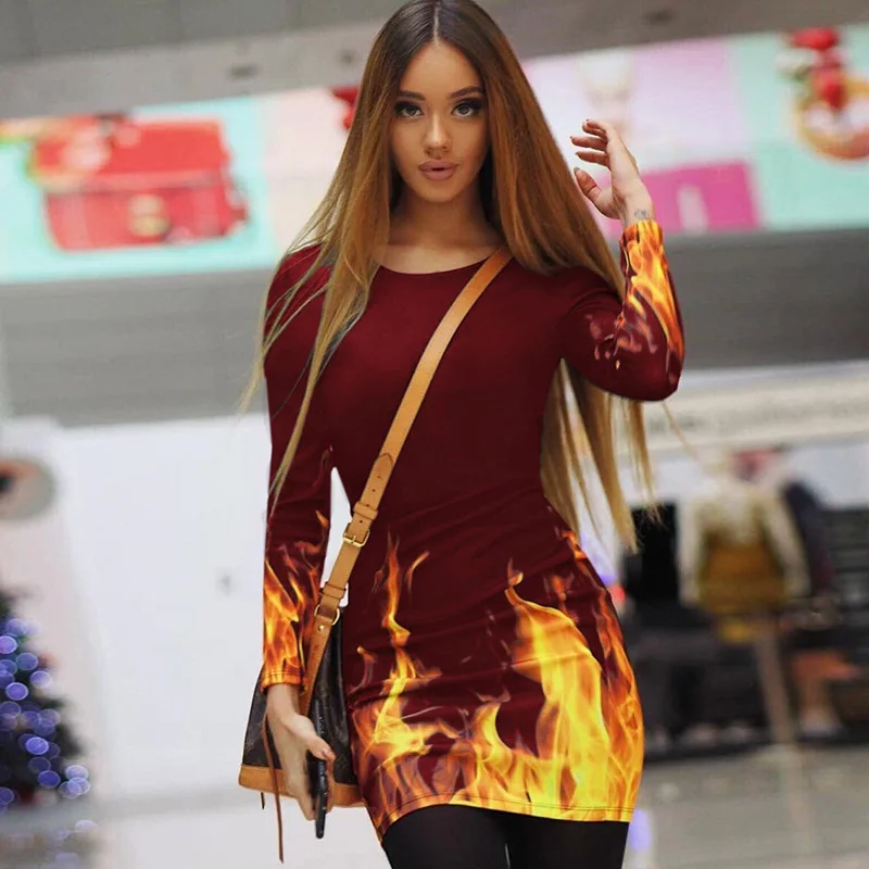 

Fire Print Sexy Bodycon Women Dress Long Sleeve Slim Package Hip Tight Autumn Winter Dress Fashion Casual Mini Dress Vestidos