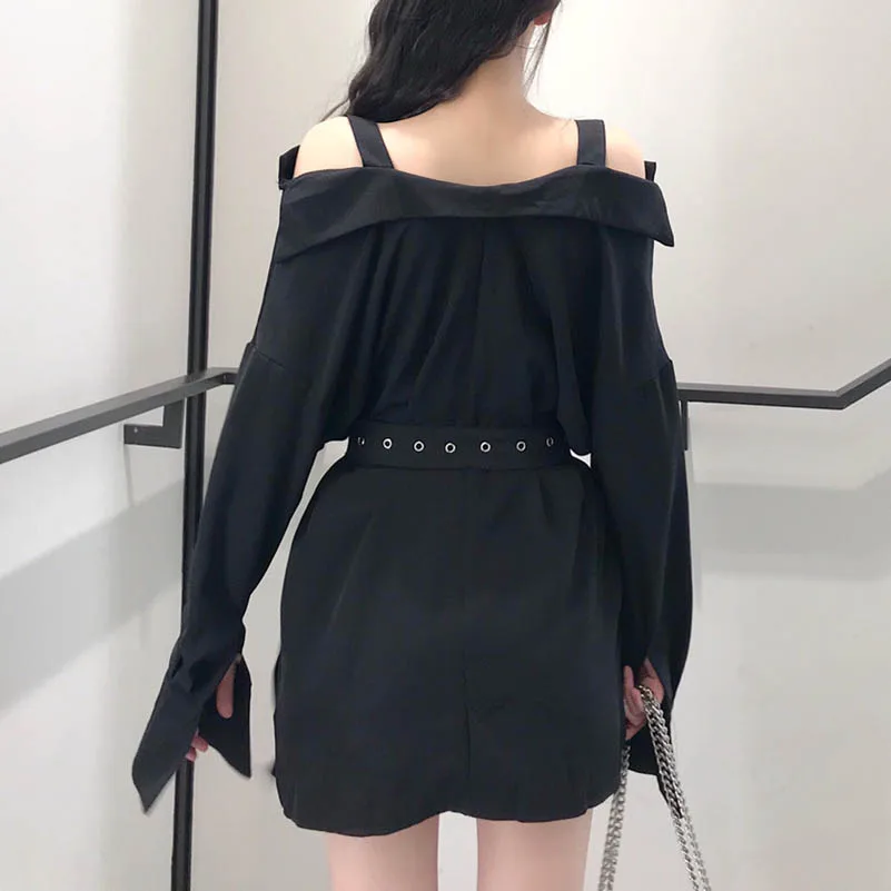 NiceMix 2019 New Women's Long Style Blouse Shirts Fashion Black Buckle Off Shoulder Slash Neck See Through Top Women Sexy Shirt - 32988844549