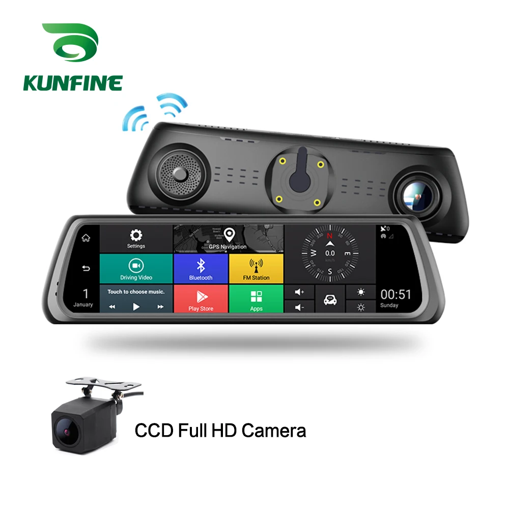 KUNFINE 10&quot Android GPS Navi Dash Cam Car DVR Mirror Video Recorder Dual Cameras Recording WIFI Bluetooth With 3G FM Transmit |