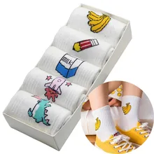 Женские носки с мультяшными буквами, 5 пар/уп., молочный динозавр, банан, ракета, карандаш, Harajuku, Хлопковые женские забавные носки с подарочной коробкой