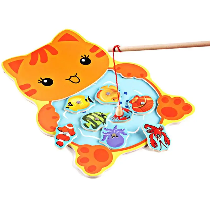 Wooden Magnetic Fishing Game Board with 2 Fishing Rod Kids Educational Toy Children Jigsaw Puzzle Toys Animal Frog Cat Fishing