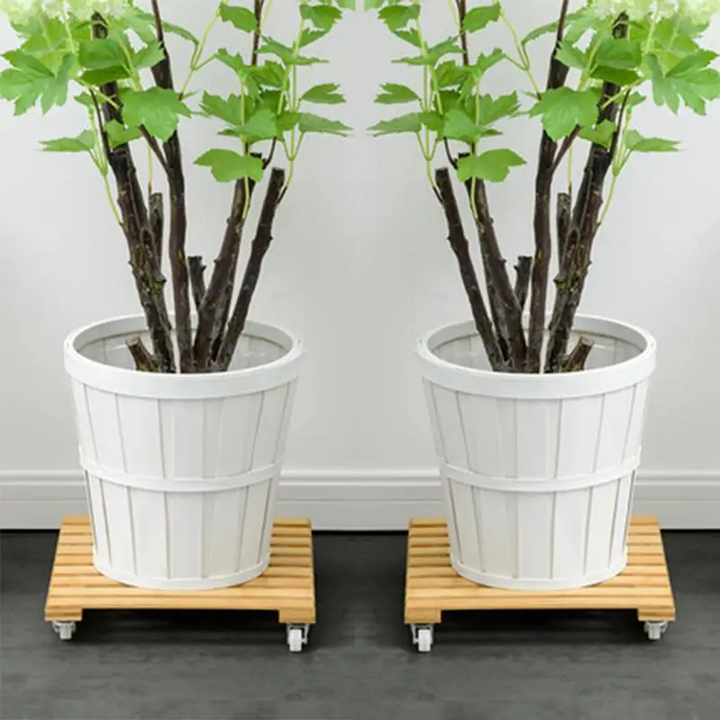 Soporte de planta con ruedas soporte de estante de bandeja móvil con rodillo de base de maceta de flores de madera con ruedas para suministros de jardín