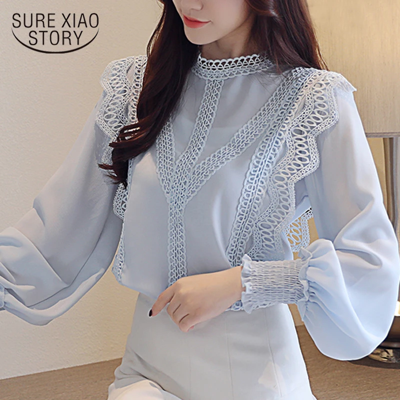blusas mujer de moda 2018 white hollow lace chiffon blouse shirt long sleeve womens tops and blouse