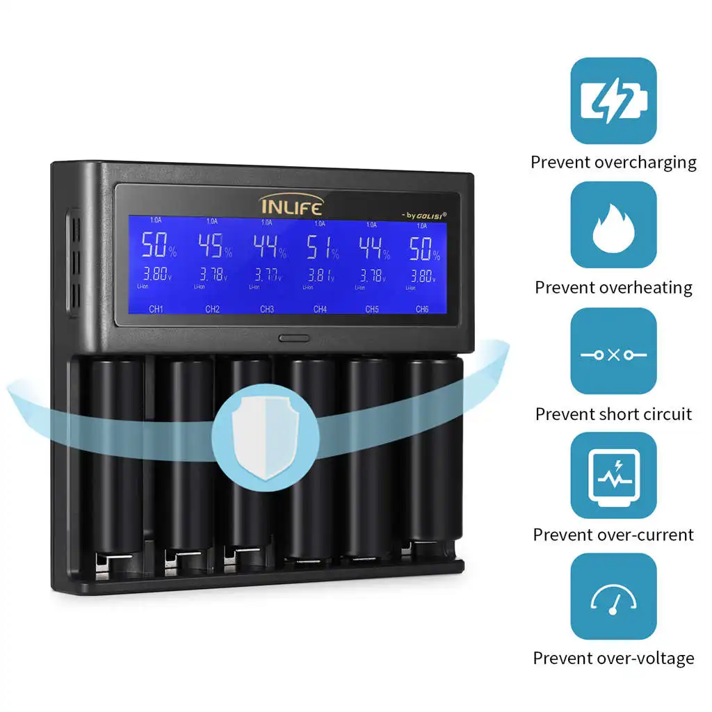 

Golisi S6 2A 1A 0.5A Intelligent Lcd Charger For 18650 26650 20700 21700 Li-Ion Ni-Mh Ni-Cd Aaaa Aaa Sc C Rechargeable Battery